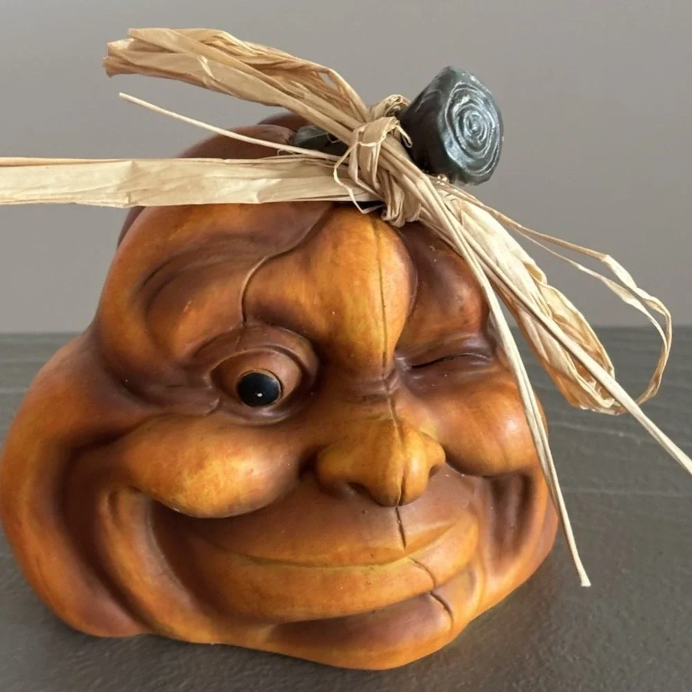 Set of 3 Small Halloween Expressive Pumpkins Decor Human Face Grumpy Gus Resin